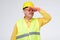 Road worker closes nose because of unpleasant smell