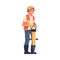 Road Worker in Hard Hat and Orange Vest with Jackhammer Repairing Street Infrastructure Vector Illustration