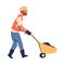 Road Worker in Hard Hat and Orange Vest Pushing Wheelbarrow with Ground Repairing Street Infrastructure Vector