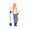 Road Worker in Hard Hat and Orange Vest Standing with Shovel Repairing Street Infrastructure Vector Illustration