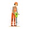 Road Worker In Headphones Working With Jackhammer , Part Of Roadworks And Construction Site Series Of Vector