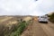 Road workers stop trafftic at the Calla Calla pass. Northern Peruvian Andes. CIRCA LEYMEBAMBA, PERU-APRIL 2nd, 2019