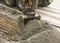 Road works on the city street. The excavator bucket collects the old pavement and loads it into a dump truck