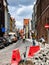 Road works on narrow street in old part of the Torun city in Poland.