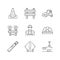 Road works pixel perfect linear icons set. Traffic cone. Road barrier. Roller truck. Siren on path block. Customizable