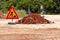 Road works sign for construction works, road, pavement construction. Traffic, warning sign road repairing, road maintenance.