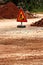 Road works sign for construction works, road, pavement construction. Traffic, warning sign road repairing, road maintenance.