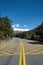 a road with yellow markings leading towards trees, mountains and a mountain range