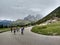 Roadbikers on dolomite mountain roadpass cycling uphill