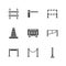 Roadblock flat glyph icons set. Barrier, crowd control barricades, rope stanchion vector illustrations. Black signs for