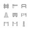 Roadblock flat line icons set. Barrier, crowd control barricades, rope stanchion vector illustrations. Outline signs for