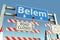 Roadblocks near Belem city road sign. Lockdown in Brazil conceptual 3D rendering