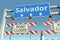 Roadblocks near Salvador city traffic sign. Quarantine or lockdown in Brazil conceptual 3D rendering