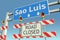 Roadblocks near Sao Luis city road sign. Lockdown in Brazil conceptual 3D rendering