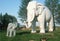 Roadside attraction of gigantic white elephant with baby