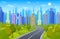 Roadside cityscape. Urban highway with city skyline and park area, downtown, highway view and nature landscape scene