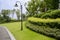 Roadside streetlamp and garden in cloudy summer