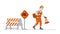 Roadwork and Asphalt Paving Concept. Worker Man Character in Orange Overall Put Traffic Cones