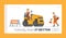Roadwork and Asphalt Paving Landing Page Template. Workers Characters with Heavy Asphalting Machinery