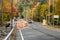 Roadworks along a Road Lined with Colourful Autumnal Trees