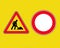 Roadworks. Signs of work in progress and transit ban  on yellow background