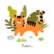 Roar. cartoon tiger, hand drawing lettering. flat style, colorful vector for kids.