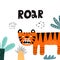 Roar. cartoon tiger, palm trees, bushes, hand drawing lettering, decor elements. flat style, colorful vector for kids.