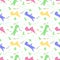 Roar and chomp. Dino pattern. Creative seamless tile with dinosaurs and letter in scandinavian style. Dino print textile.