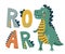 Roar dinosaur vector illustration background. Cute green smiling dino near big hand drawn letter text. Kid baby boy