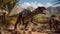 Roaring carnivorous dinosaurs flock of hunters running fast in wilds. Generative AI