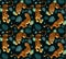 Roaring tigers on leaves seamless pattern