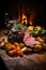 Roast beef dinner with vegetables and potatoes, served on a wooden table by a cozy fireplace