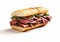 Roast beef submarine sandwich with lettuce and tomato and spicy sauce on white background.Macro.AI Generative