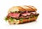 Roast beef submarine sandwich with lettuce and tomato and spicy sauce on white background.Macro.AI Generative