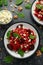 Roast Beetroot Pasta with spinach, walnuts and feta cheese. healthy food