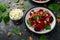 Roast Beetroot Pasta with spinach, walnuts and feta cheese. healthy food