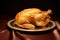 Roast chicken on a golden plate on a dark background, close-up, A heartwarming image of a plump chicken lying on a plate, its meat
