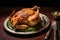 Roast chicken with lemon and herbs on a dark background. Selective focus. A heartwarming image of a plump chicken lying on a plate