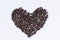 Roast Coffee Beans Heart Shape on White Isolate Background, Love Flavor and Beverage Ingredients With Roasted Coffee Beans Concept