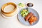 Roast Peking duck set combo with roll roti bread of traditional Cantonese yum-cha Asian gourmet cuisine