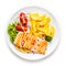 Roast salmon, french fries and vegetables on white background
