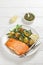 Roast Salmon with pesto dressed veggies, top view