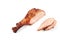 Roast turkey leg and sliced turkey meat isolated on white background.