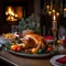 Roast turkey on a plate decorated with rosemary, tomatoes with candles in the background. Turkey as the main dish of thanksgiving