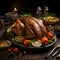 Roast turkey on a plate decorated with tomatoes, Limes, Rosemary. Turkey as the main dish of thanksgiving for the harvest