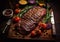 Roasted beef with slices and tomatoes with rosemary and pepper on wooden board with steak knife.Macro.AI Generative