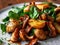 Roasted boletus, Fried ceps, porcini mushrooms with baked potatoes and greens on restaurant plate