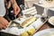 Roasted Branzino or sea bass filleted at a table, Vernazza, Cinque Terre Italy