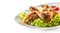 Roasted chicken legs with lettuce salad potatoes and tomatoes isolated on white