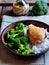 Roasted chicken with rice and broccoli, rustic style